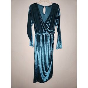 Lane Bryant Long Sleeve Velvet Midi Dress Asymmetrical Hem Deep Teal Women 14/16